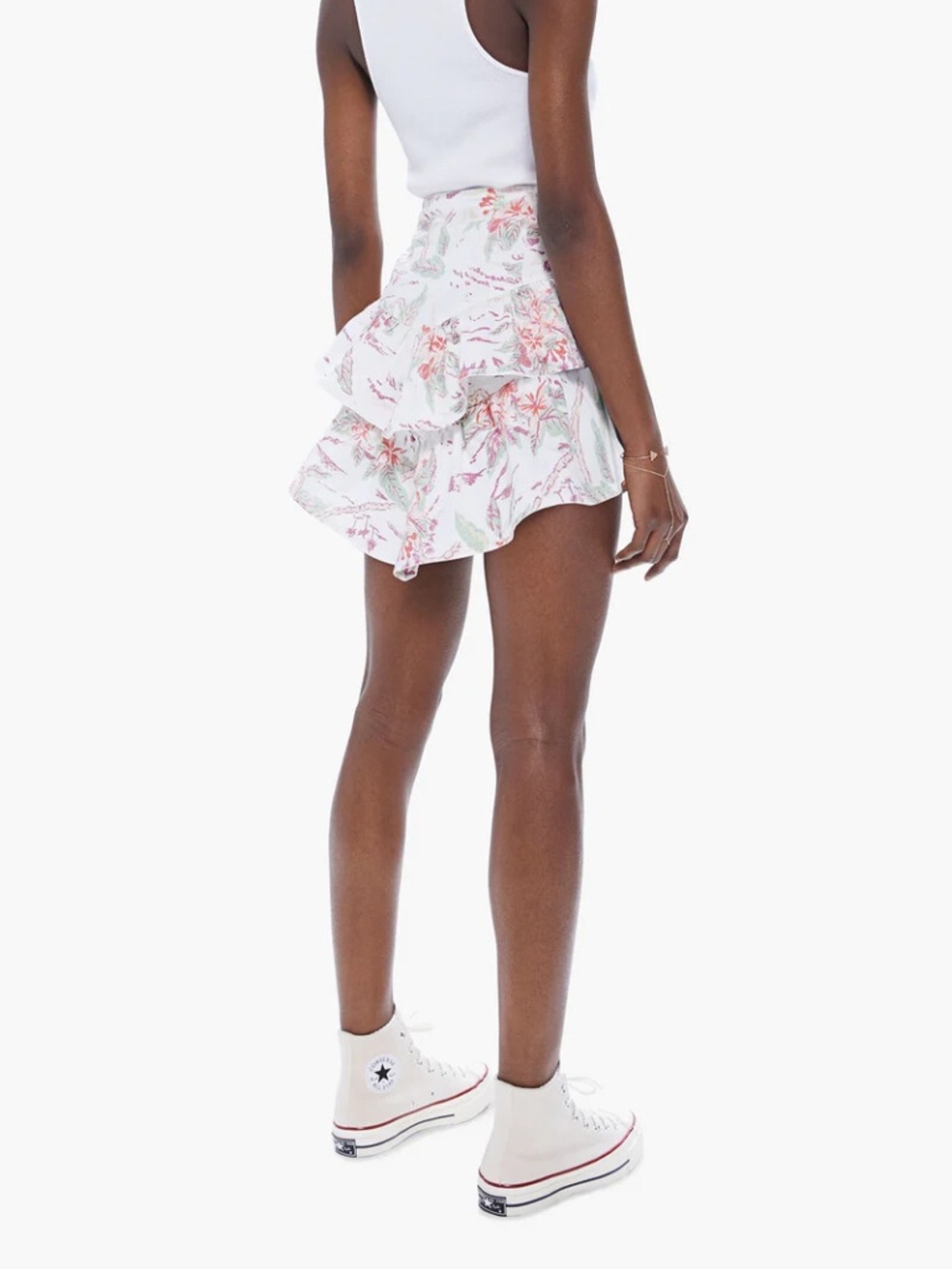 Mother The Ruffle Mini Skirt in the "Aloha" floral print.